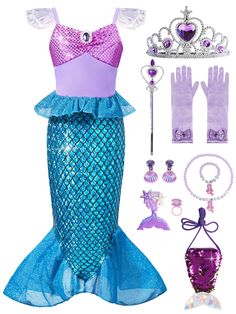 Purple Toddler Dress, Toddler Pretend Play, Mermaid Princess Dress, Kids Dress Up Costumes, Girls Princess Dress, Real Fish, Baby Costumes Girl, Bag Necklace, Necklace Shell