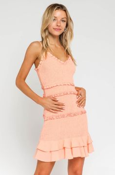 Lovely Blush Dress - Smocked Dress - Cami Ruffle Dress | Bohopink Peachy Blush, Dress With Ruffle Hem, Blush Fabric, Blush Dress, Boho Pink, Peach Blush, Usa Dresses, Trendy Summer Outfits, Blush Dresses