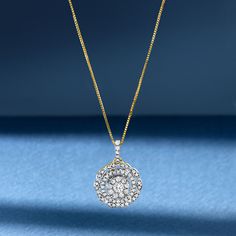 Ross-Simons - .50ct t. w. Diamond Cluster Pendant Necklace in 14kt Yellow Gold. 20". Upgrade your look with this eye-catching diamond pendant necklace. Sparkling bright with .50 ct. t. w. diamonds in white rhodium, with the center cluster giving the look of a .75 carat stone. Set in 14kt yellow gold and suspends from a box chain. Springring clasp, diamond cluster pendant necklace. Diamond birthstones are the perfect gift for April birthdays. Dazzling Yellow Gold Diamond Necklace With Halo Setting, Dazzling Round Pendant Diamond Necklace, Dazzling Diamond Necklace With Round Pendant, Gold Diamond Necklace With Halo Setting, Formal Yellow Gold Diamond Necklace With Halo Setting, Dazzling Diamond Necklace With Pave Setting, Fine Jewelry 14k Gold Diamond Necklace With Halo Setting, 14k Gold Diamond Necklace With Halo Setting, Dazzling Yellow Gold Diamond Necklace