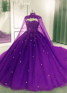 Gorgeous Tulle Purple Ball Gown Sweet 16 Dress with Cape, Purple Long Formal Dress Ball Gown Sweet 16, Purple Ball Gown, Purple Quinceanera Dresses, Quinceanera Themes Dresses, Sweet 16 Dress, Dress With Cape, Purple Wedding Dress, Pretty Quinceanera Dresses, Purple Gowns