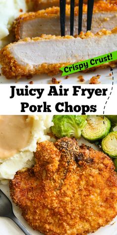 juicy air fryer pork chops on a plate with mashed potatoes and brussel sprouts