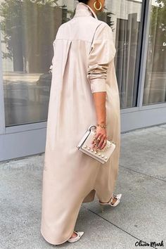 Olivia Mark - Stylish Khaki Shirt Collar Dress with Solid Patchwork Design – Perfect for Casual Chic Look Look Casual Chic, Loose Clothing, Classic Shirt Dress, Patchwork Shirt, Maxi Dress Outfit, Collared Shirt Dress, Maxi Shirts, Dress Sleeve Styles, Solid Color Shirt