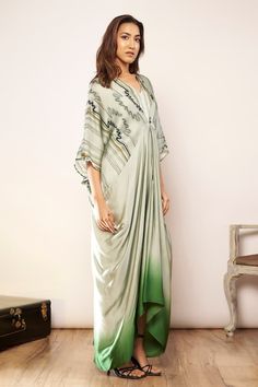 Green kaftan dress with abstract print in satin base. - Aza Fashions Traditional V-neck Dress With Digital Print, Silk Kaftan With Digital Print Tunic, Elegant Silk Kurta With Digital Print, Traditional Silk Drape Dresses For Eid, Traditional Drape Silk Dresses For Eid, Silk Dresses With Traditional Drape For Eid, Eid Silk Dress With Kimono Sleeves, Elegant Traditional Drape Kaftan For Spring, Eid Dresses With Draped Sleeves