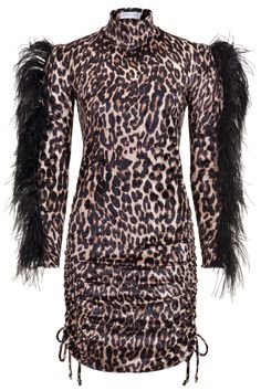 We absolutely adore our Tina velvet mini dress in all of its decadent glory. Made from soft, stretch leopard print velvet, the fabric is printed and produced in the UK. Each sleeve is trimmed in beautiful, ethically sourced black ostrich feathers, which are made here in the UK as a by-product of the poultry industry. The ruched side seams are trimmed in cute bow ties. Simply pull the dress over your head- the stretchy fabric allows for flexibility of fit. Pair the dress with some statement jewel 60s Housewife, Leopard Print Ruched Mini Dress, Elegant Long Sleeve Leopard Print Mini Dress, Chic Long Sleeve Leopard Print Mini Dress, Ostrich Feather Trim, Leopard Print Maxi Dress, Leopard Print V-neck Party Dress, Leopard Print Fabric, Velvet Mini Dress