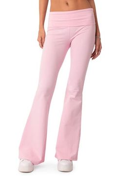 These shapely, stretchy cotton knit pants are topped with a fold-over banded waist and finished with flared legs. 95% cotton, 5% spandex Machine wash, dry flat Imported Leggings Wide, Strawberry Girl, Visionary Fashion, Flared Leggings, Cottagecore Aesthetic, Retro Wallpaper, Flare Leggings, Pink Leggings, Winter 2023