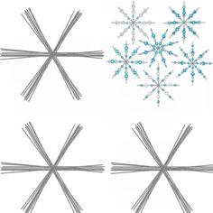 four different snowflakes are shown in blue and white, one is made out of sticks