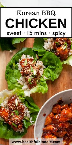 This spicy chicken bulgogi recipe is served in lettuce cups and is the perfect easy 15-minute weeknight dinner. The chicken is super flavorful, juicy, and coated in a sticky Korean BBQ gochujang sauce. Korean Lettuce Wraps Chicken, Spicy Chicken Lettuce Wraps, Korean Barbeque Recipe, Korean Chicken Wraps, Korean Barbeque Chicken, Korean Wraps, Spicy Chicken Bulgogi Recipe, Spicy Chicken Bulgogi, Chicken Bulgogi Recipe