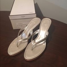 Coach Women’s Lannie Metallic Calf Flip Flop S10 M Wedge Heel Approx 3.5” Front Approx .5” Never Worn Coach Shoes, Flip Flop, Wedge Heels, Women's Shoes Sandals, Metallica, Flip Flops, Shoes Sandals, Wedges, Size 10