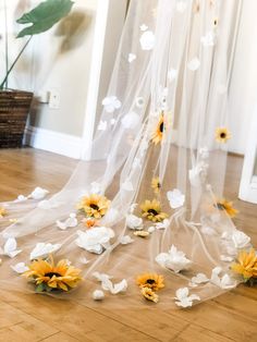 sunflowers and petals are scattered on the floor in front of a sheer curtain