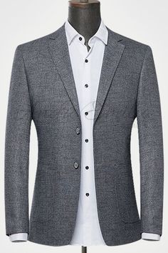 Slim, polished, and versatile enough for just about any occasion. A male wardrobe essential, this textured Gray Blazer is best for a casual appearance. Gray Single Breasted Blazer In Suiting Fabric, Gray Single-breasted Blazer In Suiting Fabric, Gray Suit Collar Blazer For Business, Gray Blazer With Suit Collar For Business, Gray Blazer With Hidden Button Closure, Gray Wool Blazer For Semi-formal Occasions, Gray Single Breasted Blazer With Suit Collar, Gray Blazer With Hidden Buttons And Suit Collar, Gray Tweed Jacket With Notch Lapel For Business