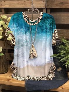 Women's Beach Printed Short Sleeve Big Round Neck Loose Top Bohemian Short Sleeve Tops For Beach Party, Casual Multicolor Blouse For The Beach, Casual Multicolor Blouse For Beach, Blue Bohemian Tops For Vacation, Casual Printed Blouse For Vacation, Hawaiian Vacation Printed Blouse, Casual Blouse For Beach Vacation, Casual Beach Season Blouse For Vacation, Casual Beach Vacation Blouse