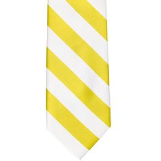 Add a bright and cheery vibe to your spring and summer wardrobe with this yellow and white striped tie. The stripes are a classic width at 0.75-inches, giving this tie a collegiate feel. Pair it with a white button down shirt and linen chinos for a relaxed, beachy look. Try a gray or navy blue suit when you're going more formal. Don't forget to purchase the matching pocket square for your jacket pocket! Let's get specific. This is a regular length and width men's necktie, measuring 3.5-inches wi School Spirit Wear, Navy Blue Suit, White Button Down Shirt, Spirit Wear, White Button Down, Pocket Squares, Mens Neck Ties, Striped Tie, Blue Suit