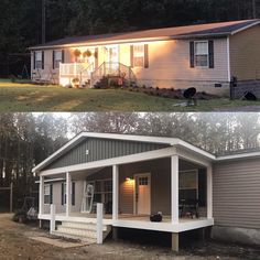 before and after pictures of a mobile home with porches on the front, and in the back