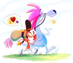 a cartoon character riding on the back of a horse next to a heart shaped balloon