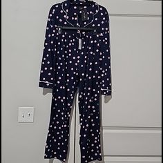 Kate Spade 2 Piece Set Longsleeves Pajamas Nwt Color: Navy Blue With Pink Polka-Dots Materials: 90% Polyester 10% Elastane Materials Are So Soft And Comfy Size: Medium Measurements-Tops: Shoulder 17.5", Armpit To 'Pit 20.5", Length 23.5". Bottom: Waistline 14.5", Rise 11", Inseam 28.5". See Pictures For Reference. Perfect For The Season, For Lounging, Or For Your Gift Giving. Spring Nightwear Sets Fitted, Fitted Night Sets For Spring, Fitted Long Sleeve Sleepwear For Pajama Party, Fitted Long Sleeve Sets For Night, Casual Long Sleeve Night Sleepwear, Casual Long Sleeve Sleepwear For Night, Casual Long Sleeve Night Sets, Fitted Blue Sleepwear For Loungewear, Kate Spade Pajamas