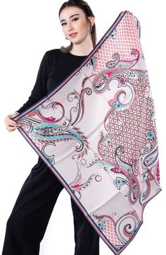 Size: 90x90 cm/ 35x35 inch Edges: Hand-Rolled  As this scarf is hand-rolled, the dimensions indicated may vary. This one side printed, paisley pattern, and large square scarf is made of 100% Mulberry silk twill. With perfect combination of colors, the scarf is a perfect item for bringing in some personal character to your daily outfit throughout the whole year. You can  tie it on your head as a head wrap or wear it around your neck as neckerchief to keep you warm; or use it as a bag accessory to Large Square Scarf, Ladies Head Scarf, Magical Accessories, Scarf Square, Scarf Head, Scarf Top, Scarf For Women, Scarf Design, Silk Twill