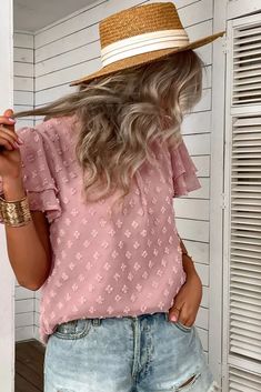 Solid Color Top Spring/Summer Casual Vacation Women's Blouse Shirt #cuteshirts #shirtscute #tshirtstyles #shirtsoutfitideas shirts cute cute t shirts cool shirts Casual Short Sleeve Summer Top For Vacation, Casual Short Sleeve Top For Summer Vacation, Casual Short Sleeve Blouse For Summer, Trendy Summer Short Sleeve Top For Day Out, Casual Short Sleeve Top For Summer Day Out, Flowy Short Sleeve Blouse For Spring, Spring Flowy Short Sleeve Blouse, Flowy Beach Tops For Summer, Feminine Tops For Beach Day Out