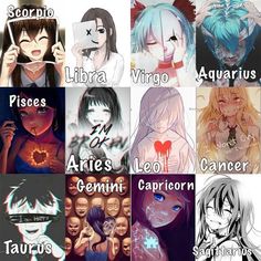 some anime characters with zodiac signs on their chest and the names in each character's body