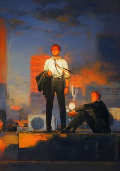 a painting of two people standing on top of a building