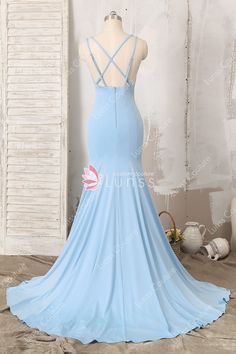 Ice Blue Plunging Crisscross High Slit Mermaid Dress - Lunss Gala Attire, Evening Fashion, Mermaid Fashion, Dress Silhouette, Prom Party, Mermaid Dress, Evening Dresses Prom, Plunging Neckline, Ice Blue