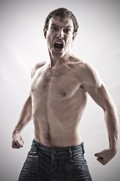 a shirtless man with his mouth open and hands in the air royalty photo - illustration