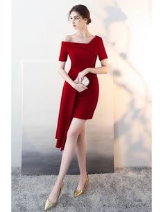 Burgundy Fitted Cocktail Party Dress with Asymmetrical Design #HTX86055 - GemGrace.com Coctail Dresses, Glamour Dress, Different Dresses, Cocktail Party Dress, Asymmetrical Design, Dress Party, Club Dresses, Favorite Dress, Stunning Dresses