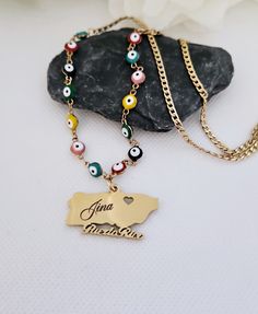 14k Gold Puerto Rico Necklace, Gold Evil Eye Necklace, 14 Gold Layered & Bonded Over Stainless Steel, High Quality Necklace, Tarnish Free
#PuertoRico #boricua #PuertoRicoJewelry #GoldJewelry #GiftForMom #EvilEyeJewelry #EvilEyeNecklace #EvilEye #GoldNecklace #CustomNecklace Multicolor Chain Charm Necklace For Gifts, Customized Gold-plated Pendant Necklace, Customized Pendant Necklace In Gold Plated, Customized Gold Plated Pendant Necklace, Personalized Multicolor Pendant Jewelry, Multicolor Chain Necklaces For Gifts, Multicolor Chain Necklace For Gift, Personalized Multicolor Pendant Necklaces, Multicolor Necklace For Gift