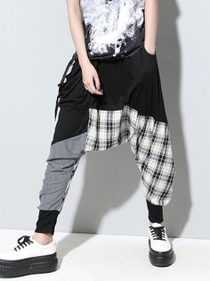 Loose Plaid Split-joint Harem Pants – uoozee Baggy Patchwork Bottoms For Streetwear, Baggy Patchwork Pants With Tapered Leg, Baggy Patchwork Tapered Leg Pants, Casual Patchwork Tapered Leg Bottoms, Baggy Patchwork Harem Pants For Fall, Casual Patchwork Trousers, Casual Patchwork Harem Pants, Trendy Baggy Patchwork Pants, Casual Trousers With Contrast Color