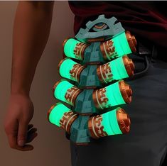 a man is holding a stack of beer cans in his hand and it's glowing green