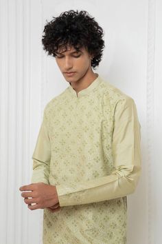 Green kurta with floral thread embroidery. Paired with a churidar. - Aza Fashions Pista Green Kurta With Intricate Embroidery For Festive Occasions, Pista Green Raw Silk Kurta With Resham Embroidery, Chanderi Straight Kurta With Intricate Embroidery, Pista Green Traditional Wear Straight Kurta With Intricate Embroidery, Pista Green Straight Kurta With Intricate Embroidery, Unstitched Pista Green Kurta With Intricate Embroidery, Pista Green Traditional Wear With Intricate Embroidery For Eid, Straight Kurta With Intricate Embroidery, Designer Floral Embroidered Kurta For Transitional Season