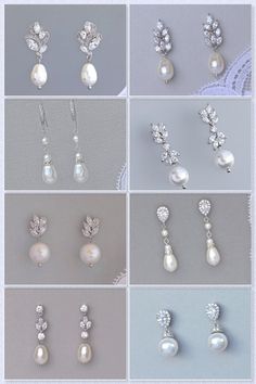 many different types of pearls and diamond earrings