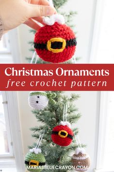 a crocheted christmas ornament hanging from a tree with text overlay that reads, christmas ornaments free crochet pattern