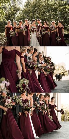 the bride and groom are posing for pictures in their wedding gowns with flowers on them