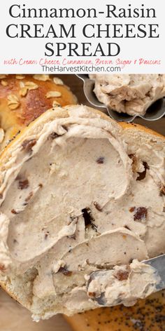 a loaf of cinnamon raisin cream cheese bread on a cutting board