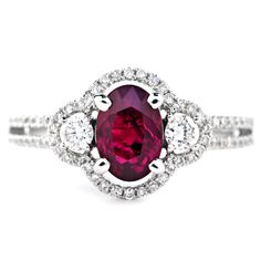 Oval Red Ruby and White Diamond 18K White Gold Ring. 1.68 CTW - 134Q1A | Jedora Lab Report, Red Gemstones, Ruby Gemstone, Red Ruby, White Gold Ring, Types Of Rings, 1 Carat, Cultured Pearls, Diamond Gemstone