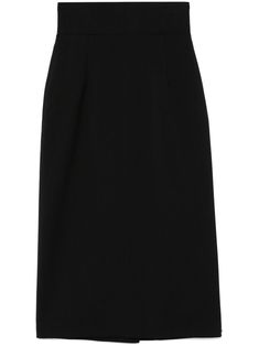 black virgin wool concealed rear hook and zip fastening elasticated waistband high waist dart detailing central rear vent full lining pencil silhouette straight hem mid-length Midi Skirt Black, Pencil Silhouette, Wardrobe Edit, Yoko London, Black Midi Skirt, Exclusive Fashion, Lady Dior, Skirt Black, Coat Dress