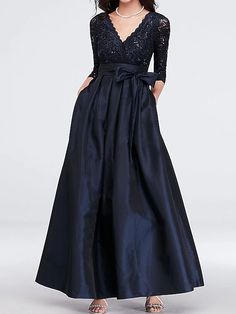 A-Line Mother of the Bride Dress Elegant V Neck Floor Length Satin Lace 3/4 Length Sleeve with Sash / Ribbon Pleats 2024 2024 - $142.79 Bride Dress Elegant, Brides Mom, Mother Of The Bride Dresses Long, Pocket Maxi Dress, Gown Style, Mother Of Groom Dresses, Groom Dresses, Elegant Maxi Dress, Mob Dresses