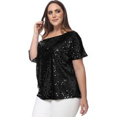 Elevate your party style with the Anna-Kaci Plus Size Sequin One Shoulder Short Sleeve Sparkle Party Top. Perfectly designed to reveal one shoulder, this sequined top strikes the perfect balance of sexy and stylish. The sequins catch the light, creating a dazzling effect that ensures all eyes will be on you. With a relaxed fit that beautifully showcases your shoulders, this top provides both comfort and a flattering silhouette for all body types. Ideal for special nights out, it's a sexy, edgy, Black Party Top With Contrast Sequin, Black Party Tops With Contrast Sequin, Party-ready Tops For Evening And Party Season, Off-shoulder Tops For Evening Party Season, Glamorous Off-shoulder Tops For Night Out, Glamorous Summer Tops For Holiday Party, Black One Shoulder Top For Party, One Shoulder Tops For Summer Party, Black One Shoulder Party Top