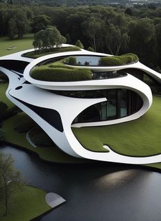 an aerial view of a building that looks like it is floating in the air with grass on top