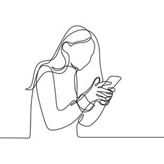 a continuous line drawing of a woman texting on her phone