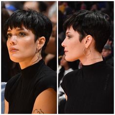 Pixie Hairstyles Dark Hair, Miley Pixie Haircut, 2023 Pixie Cuts, Pixie 2023, Halsey Haircut, Dark Pixie Haircut, Bold Haircut, Straight Pixie Haircut, Halsey Pixie