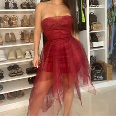 S (2-4) M (6-8) L (10-12) Back Zipper. Sleeveless Tulle Holiday Dress For Party, Red Strapless Tulle Dress, Fitted Tulle Dress For Holidays, Holiday Tulle Fitted Dress, Red Tulle Dress For Summer, Red Tulle Summer Dress, Red Midi Dress For Prom And Party Season, Red Midi Dress For Prom Party Season, Fitted Tulle Holiday Dress