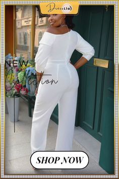 Solid Slanted Shoulder Half Sleeve Straight Jumpsuit Long Sleeve Jumpsuits And Rompers For Summer Formal Events, Solid Jumpsuits With Asymmetrical Neckline For Night Out, Asymmetrical Jumpsuits And Rompers For Spring Formal, Asymmetrical Jumpsuits And Rompers For Formal Spring Events, Asymmetrical Neckline Jumpsuit For Night Out, Elegant Fitted Jumpsuits And Rompers For Day Out, Elegant Long Sleeve Jumpsuits For Day Out, Night Out Jumpsuit With Asymmetrical Neckline, Party Jumpsuit With Asymmetrical Neckline