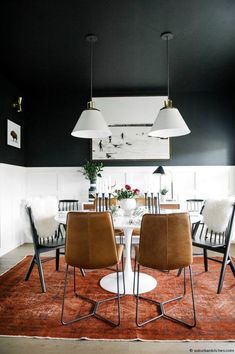 a dining room table with chairs and an oven in the background, on instagram