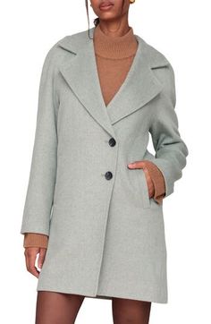 A blazer-inspired silhouette with notched lapels lends refinement to a longline coat cut with an off-center placket and lightly kissed with warm wool fibers. 35" length Asymmetric button closure Notched lapels Front welt pockets Lined 70% polyester, 30% wool Dry clean Imported Spring Single-breasted Pea Coat With Notch Lapel, Spring Pea Coat With Notch Lapel And Hidden Buttons, Modern Pea Coat With Button Closure For Fall, Single-breasted Outerwear With Notched Collar For Career, Spring Outerwear With Single Button And Flat Front, Spring Single Button Outerwear With Flat Front, Notched Outerwear For Office In Fall, Tailored Single Breasted Pea Coat For Spring, Spring Tailored Single Breasted Pea Coat