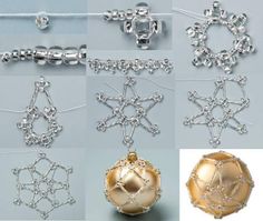 several different types of ornaments are shown in this image, including balls and chains with beads attached to them