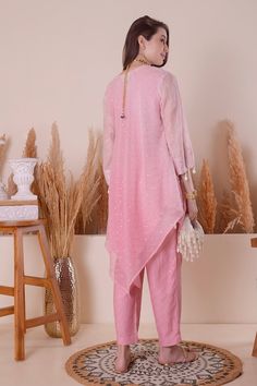 Buy Pink Kurta And Pant Mul Chanderi Embroidery Stripe Pattern Asymmetric & Set For Women by Surabhi Arya Online at Aza Fashions. Pink Straight Kurta Pant Set For Designer Wear, Pink Pant Set With Dupatta For Eid, Designer Pink Pant Set With Dupatta, Pink Kurta For Summer Party, Festive Eid Kurta With Asymmetrical Hem, Pink Pant Set With Dabka Work, Eid Festive Kurta With Asymmetrical Hem, Festive Asymmetrical Hem Kurta For Eid, Designer Kurta With Asymmetrical Hem For Eid