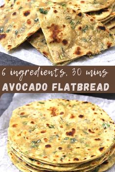 several different types of flatbreads stacked on top of each other with text overlay