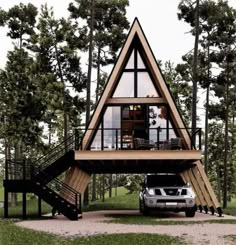 a car is parked in front of a triangular shaped house with stairs and windows on the roof