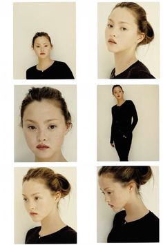 six different pictures of a woman with various facial expressions, including the same person's face